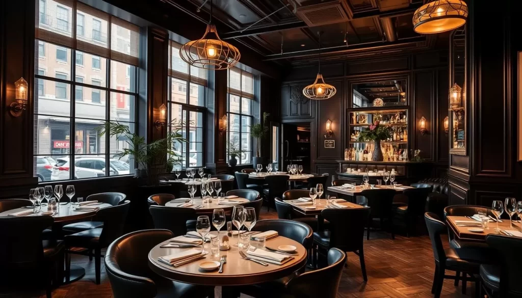Generate an image of Torrisi's stylish dining area in Nolita.
