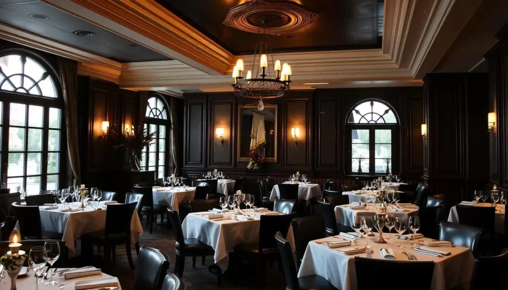 Generate an image of Tortello's dining room with its elegant decor and dim lighting.