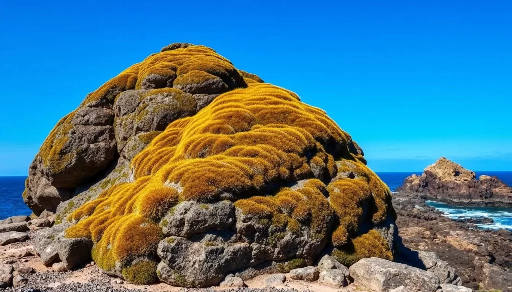 Generate an image of Totoro Rock in Wajima city, with mossy "fur" and a rugged coastline in the background.