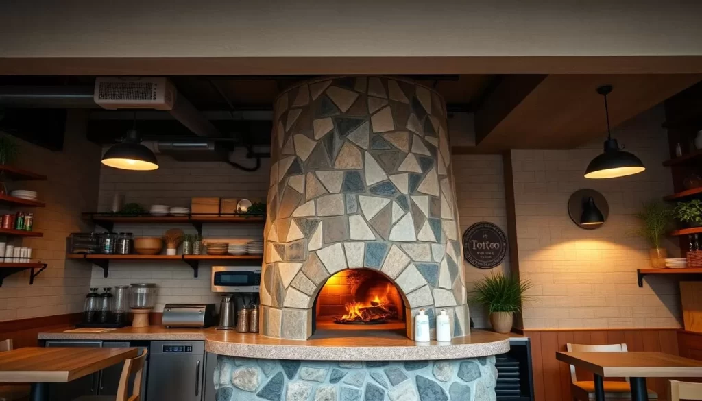 Generate an image of Tototo's interior, focusing on its open kitchen and stone pizza kiln.