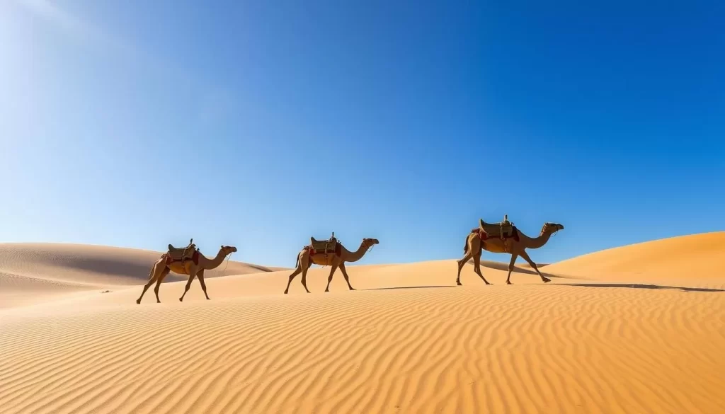 Generate an image of Tottori Sand Dunes with camels riding across the dunes.