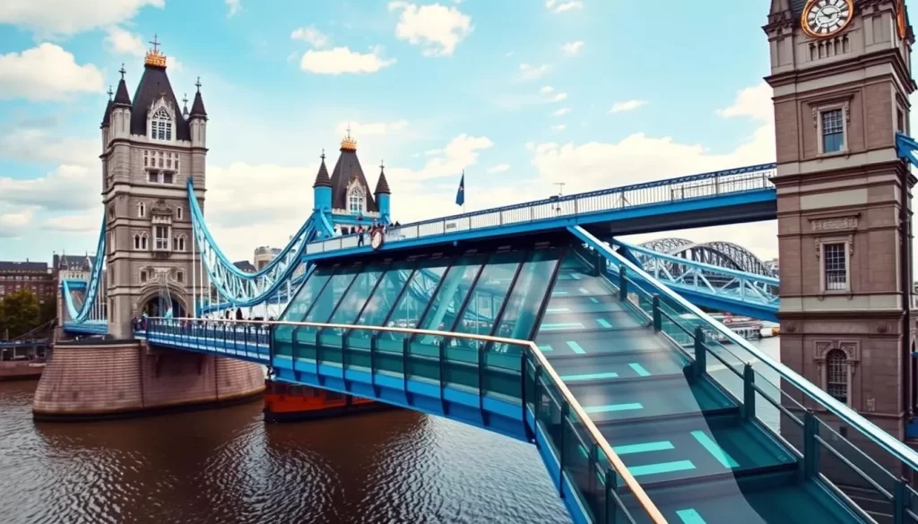 Generate an image of Tower Bridge with its glass floor walkways