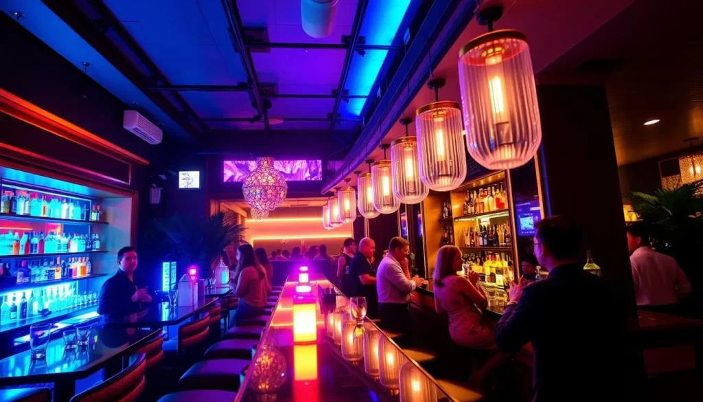 Generate an image of Trunk Hotel's stylish bar area at night.