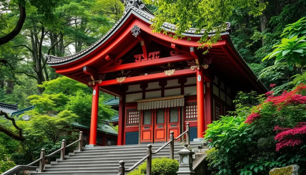 Generate an image of Tsukubasan Shrine on the slopes of Mount Tsukuba, surrounded by lush greenery and traditional Japanese architecture.