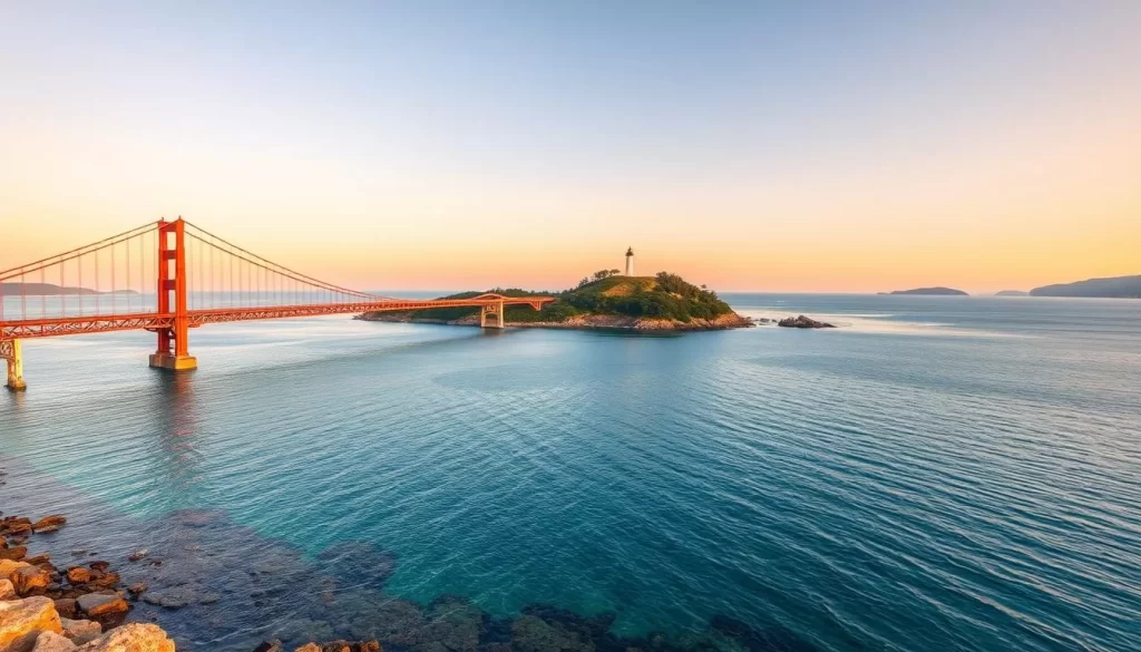 Generate an image of Tsunoshima Bridge connecting to a serene island with crystal-clear waters and a picturesque lighthouse.