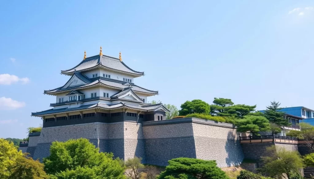 Generate an image of Tsuruga Castle, a historical fortress in Fukushima City, Japan, showcasing its majestic architecture and serene surroundings.
