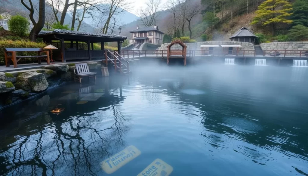 Generate an image of Tsurunoyu hot springs in Edogawa-ku, Tokyo, showcasing its natural black hot spring water and serene surroundings.