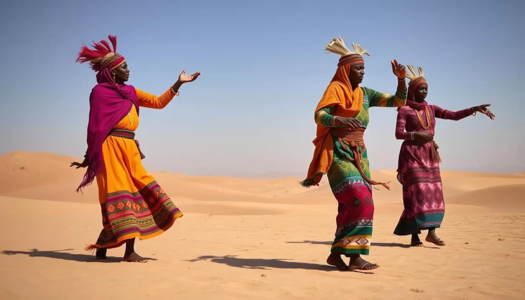 Generate an image of Tuareg tribespeople in vibrant traditional costumes performing mesmerizing folk dances accompanied by traditional music in the desert landscape of Djanet.
