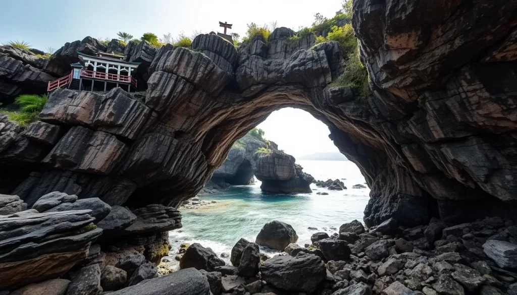 Generate an image of Udo Shrine's majestic cave entrance by the sea.