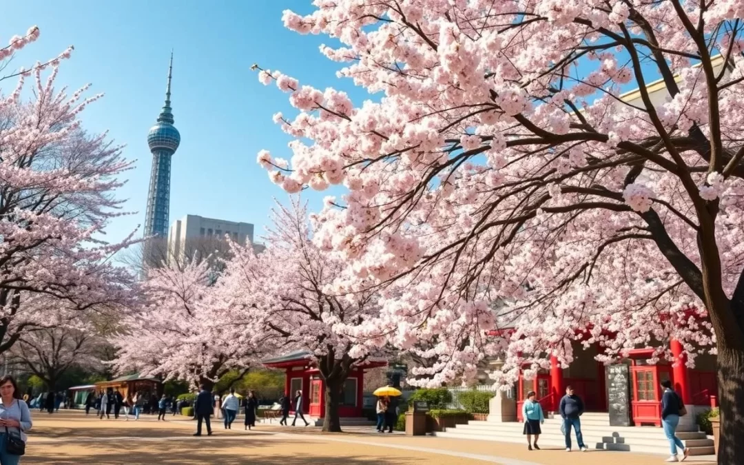 Generate an image of Ueno Park during cherry blossom season
