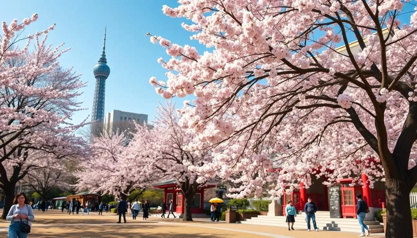 Generate an image of Ueno Park during cherry blossom season