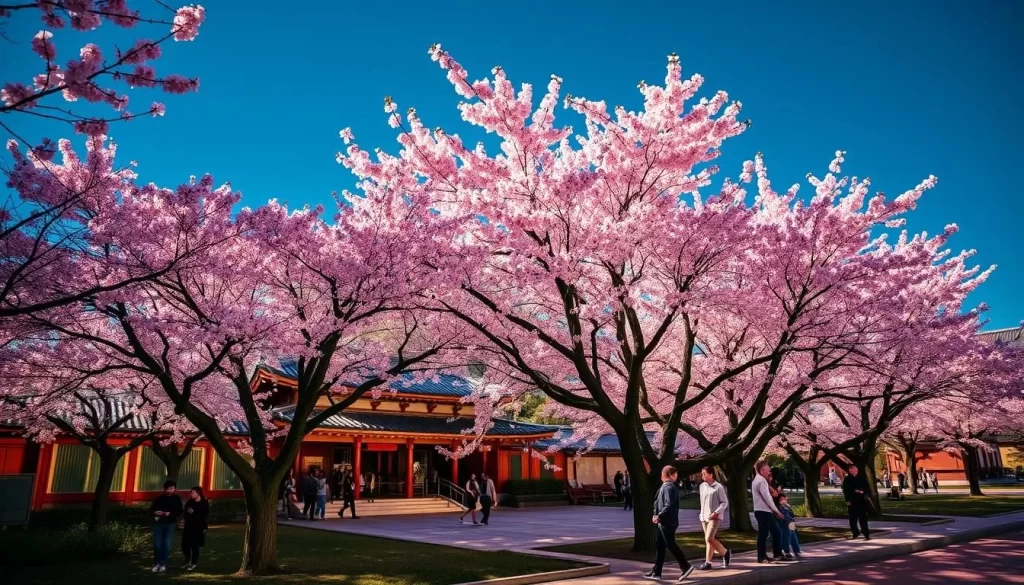 Generate an image of Ueno Park during cherry blossom season