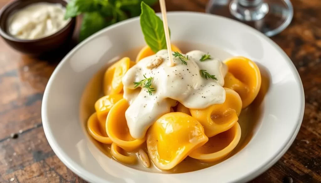 Generate an image of Uovo's signature tortellini dish with parmesan cream sauce.