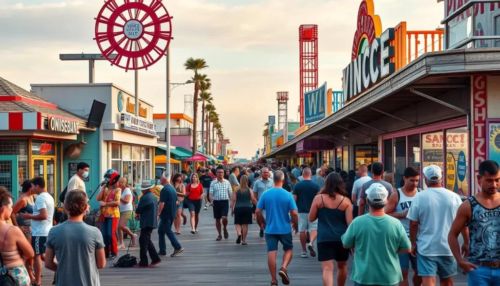 Generate an image of Venice Beach Boardwalk with street performers and vibrant atmosphere