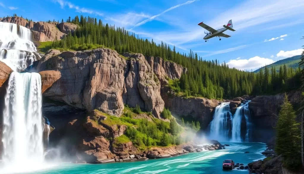 Generate an image of Virginia Falls, Nahanni National Park, with a floatplane nearby.