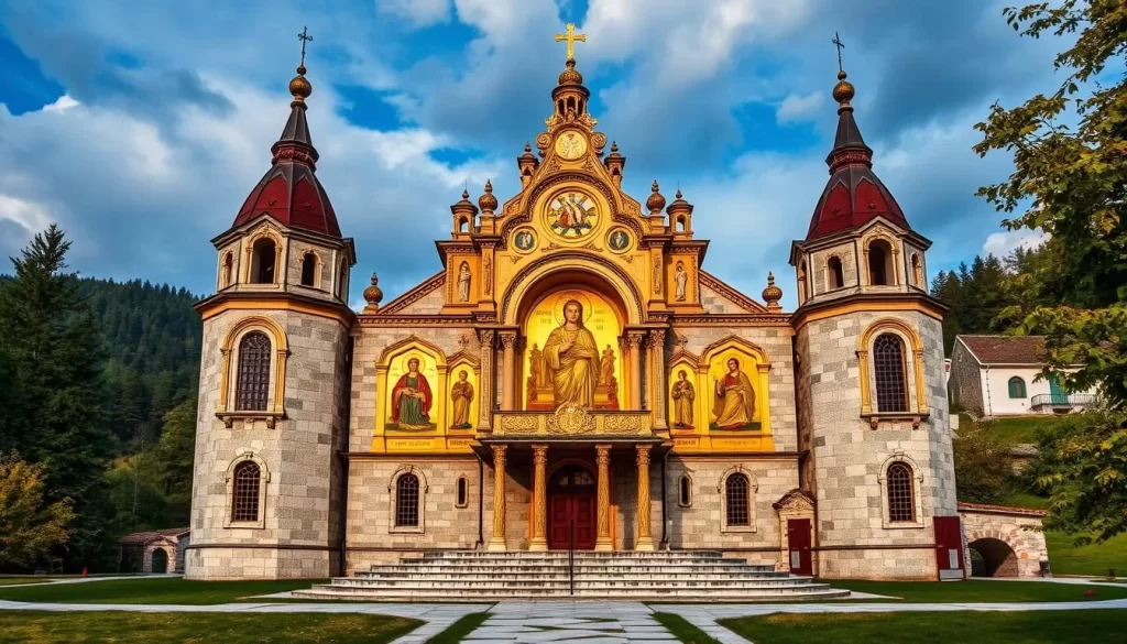 Generate an image of Vojlovica Monastery with its Baroque gilded iconostasis.