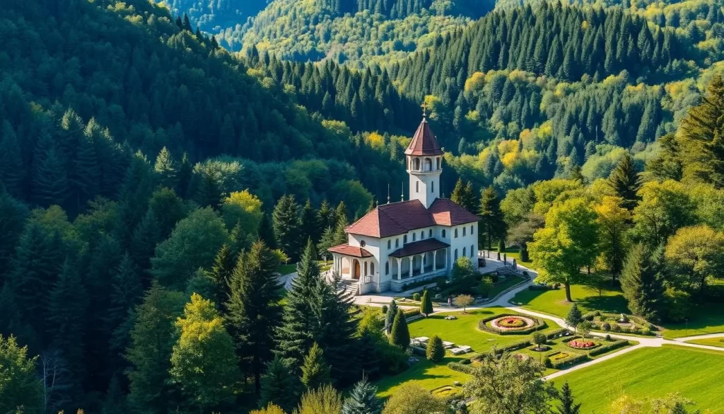 Generate an image of Vrdnik-Ravanica Monastery nestled in a valley, surrounded by lush forests and featuring its beautiful gardens.
