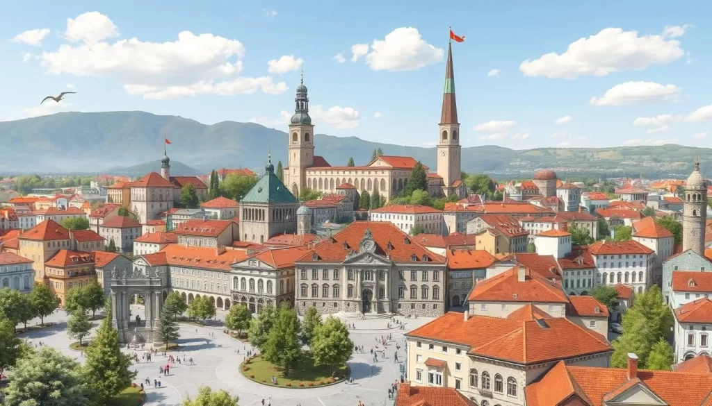 Generate an image of Vrsac's city center, highlighting its cultural landmarks.