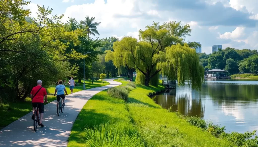 Generate an image of Wadabori Park's riverside path with people walking and cycling.