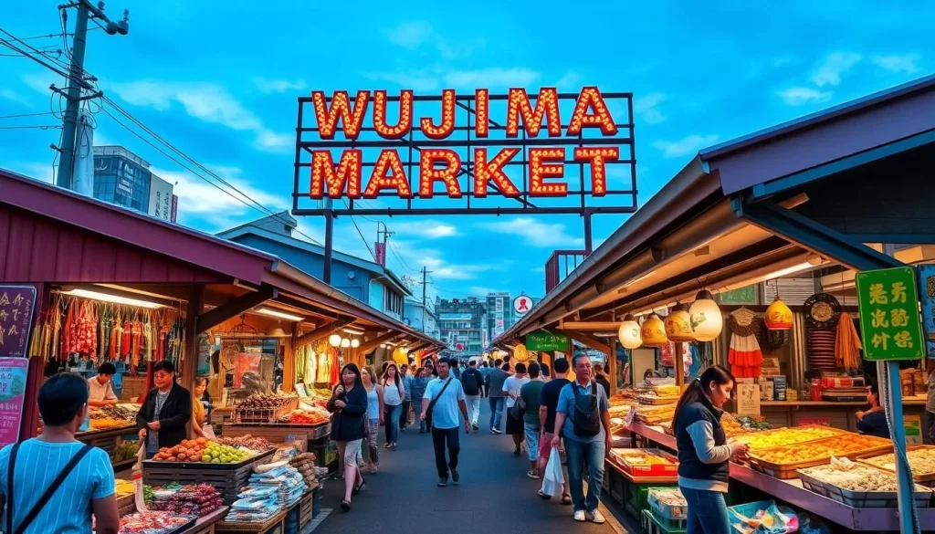 Generate an image of Wajima Morning Market with stalls selling fresh seafood and local crafts.
