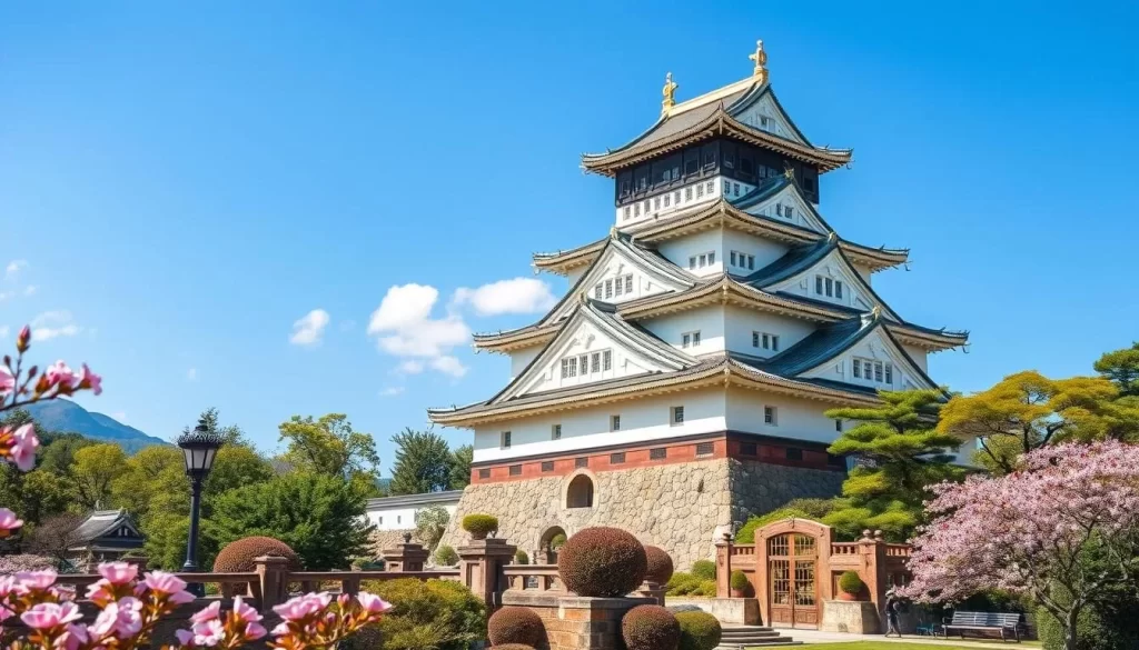 Generate an image of Wakayama Castle, Japan, showcasing its majestic architecture and surrounding gardens.