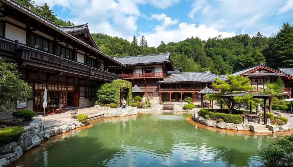 Generate an image of Wakura Onsen hot spring resort with its serene surroundings and traditional Japanese architecture.
