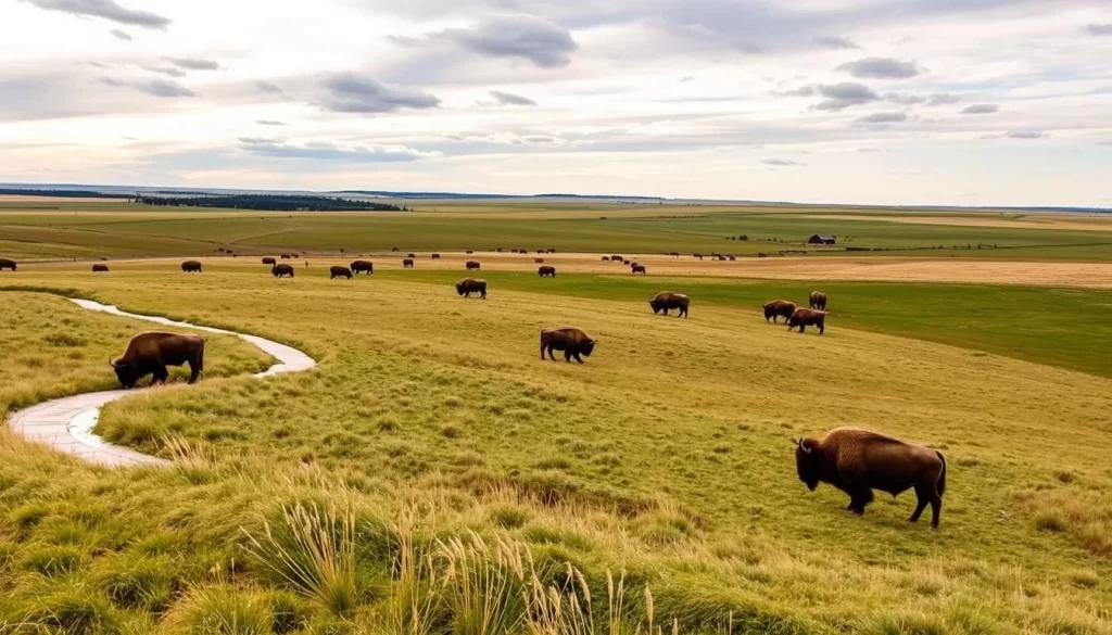 Generate an image of Wanuskewin Heritage Park's scenic landscape with interpretive trails and bison grazing in the distance.