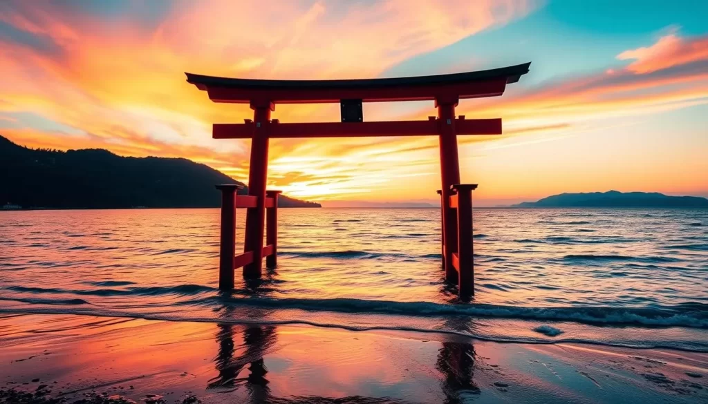 Generate an image of Watazumi Shrine's majestic ocean torii gates at sunset.