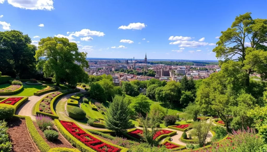 Generate an image of Waterlow Park showing its terraced gardens and views of London from Highgate.