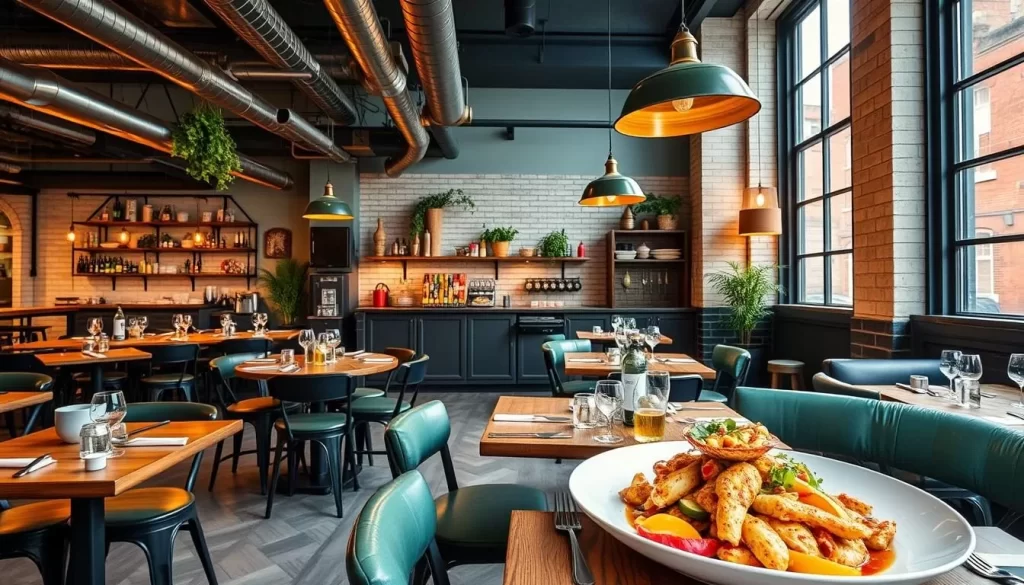 Generate an image of Westerns Laundry restaurant in Highbury, London, highlighting its industrial-chic decor and emphasis on British seafood.