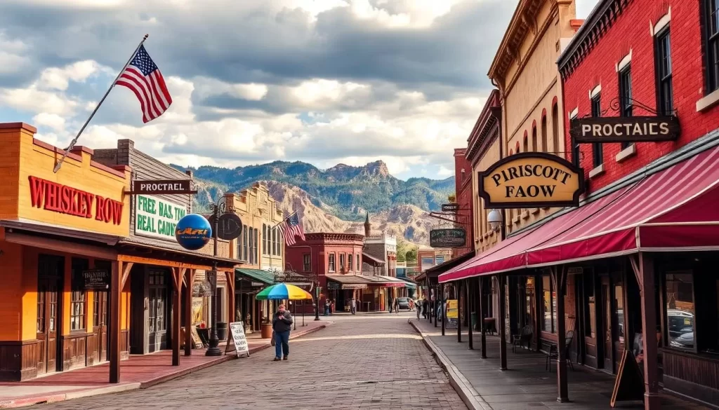 Generate an image of Whiskey Row in Prescott, Arizona, showcasing its historic saloons and Old West charm.