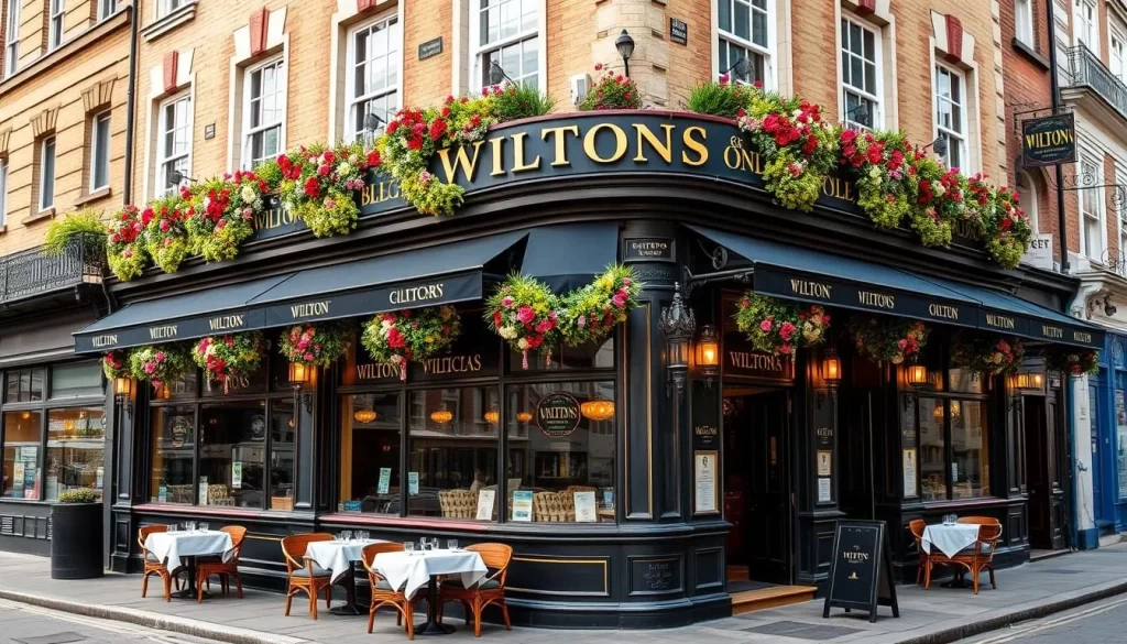 Generate an image of Wiltons, a historic restaurant on Jermyn Street in St. James, London, known for its <strong>lobster thermidor</strong> and rich history.