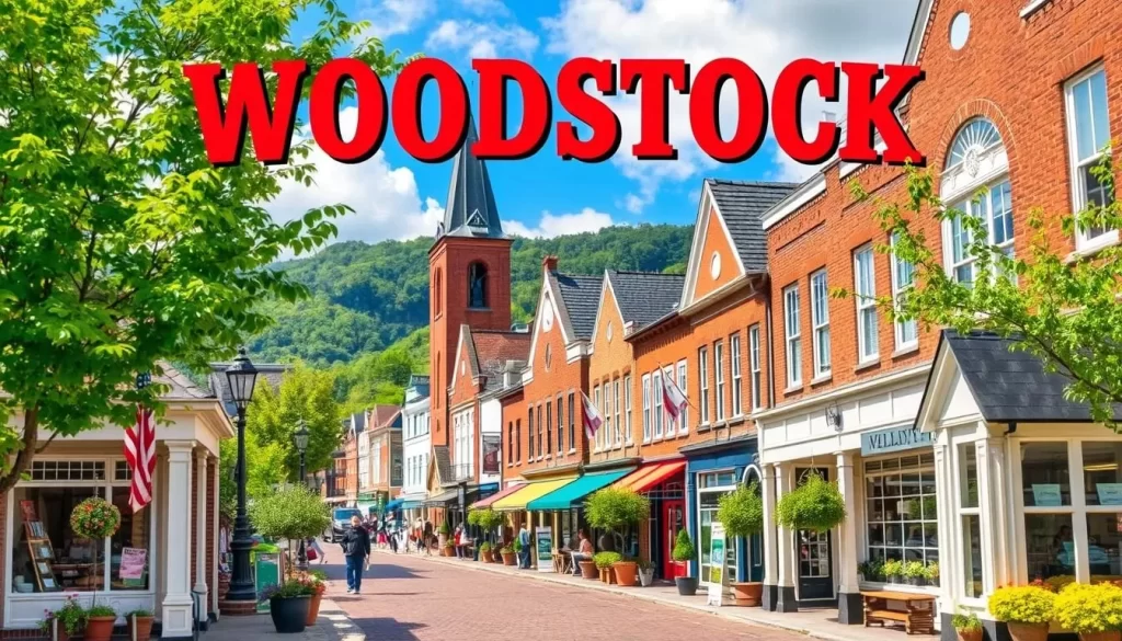 Generate an image of Woodstock's picturesque town center.