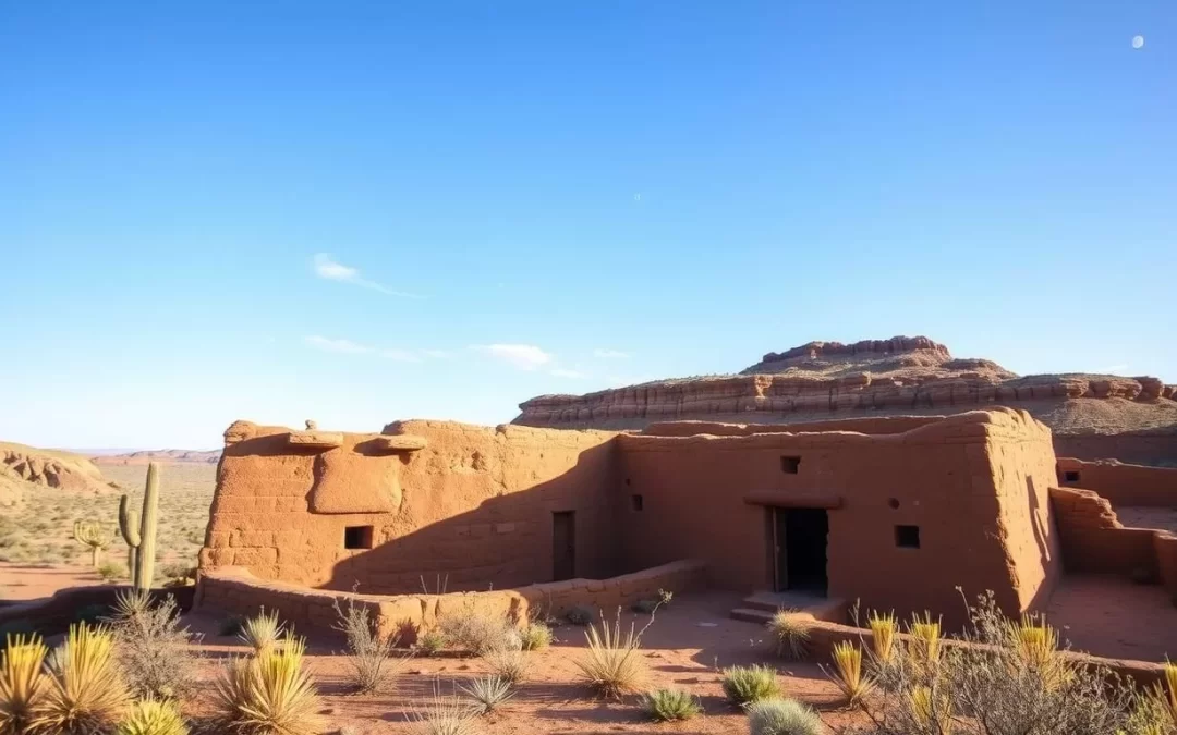 Generate an image of Wupatki National Monument's main attraction, the Wupatki Pueblo, with its unique architecture and surrounding landscape.