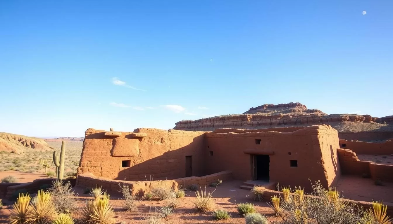 Generate an image of Wupatki National Monument's main attraction, the Wupatki Pueblo, with its unique architecture and surrounding landscape.