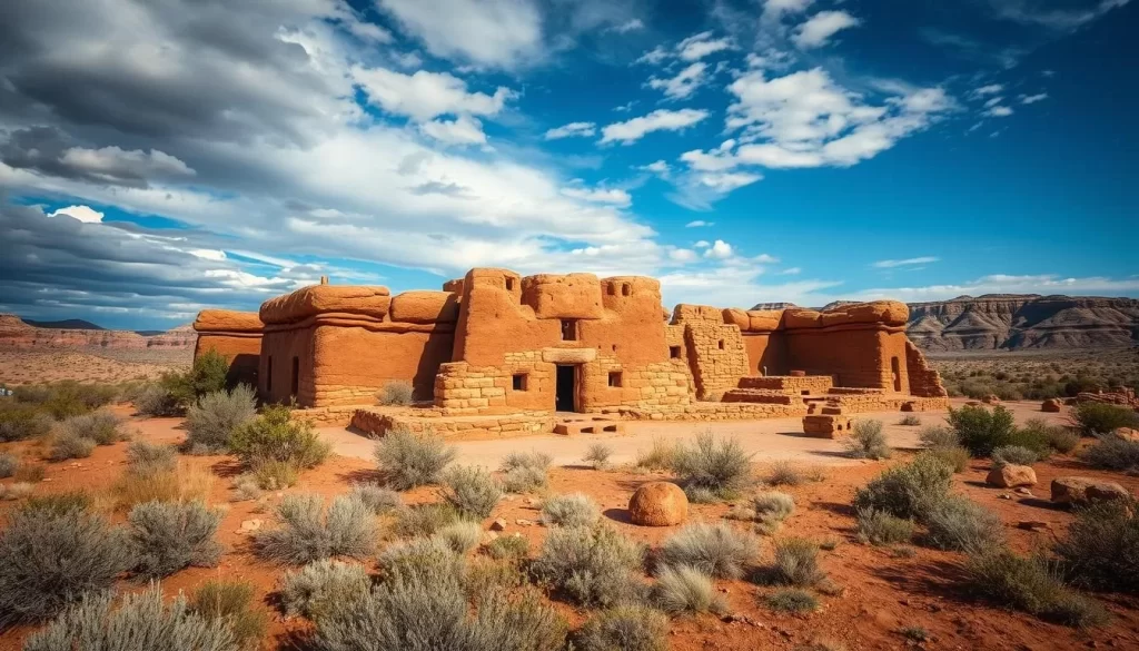 Generate an image of Wupatki Pueblo, showcasing its ancient architecture and the surrounding landscape.