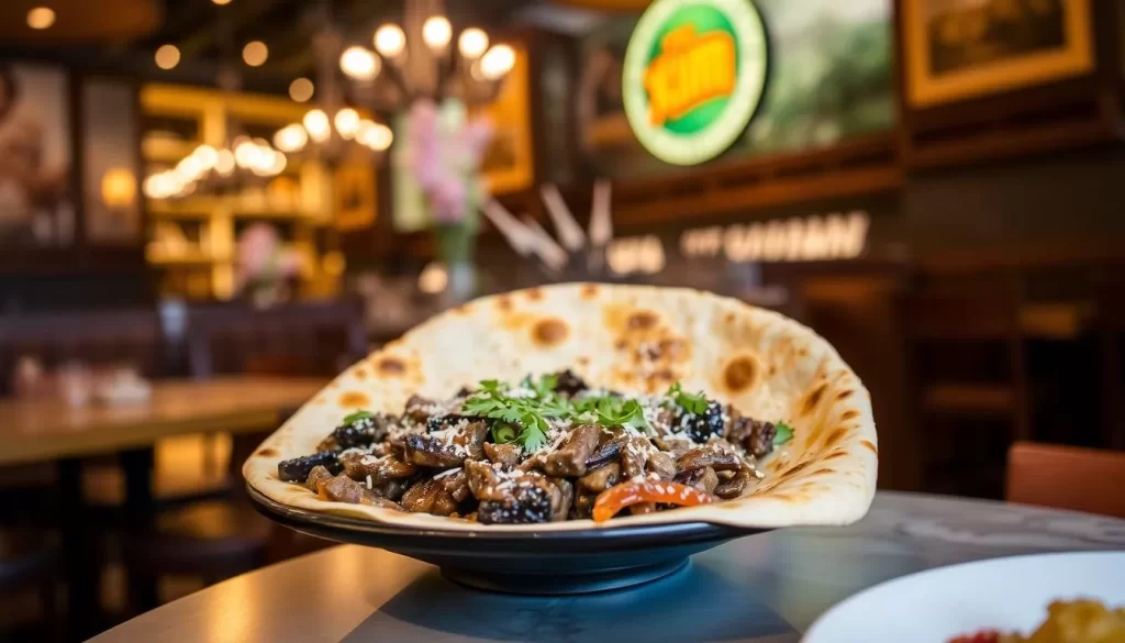 Generate an image of Xi'an Cuisine in Chicago, highlighting one of its signature dishes like lamb flatbread.