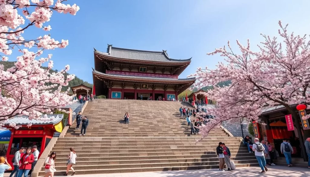 Generate an image of Yamadera Temple's majestic stone steps leading to a vibrant spring festival.