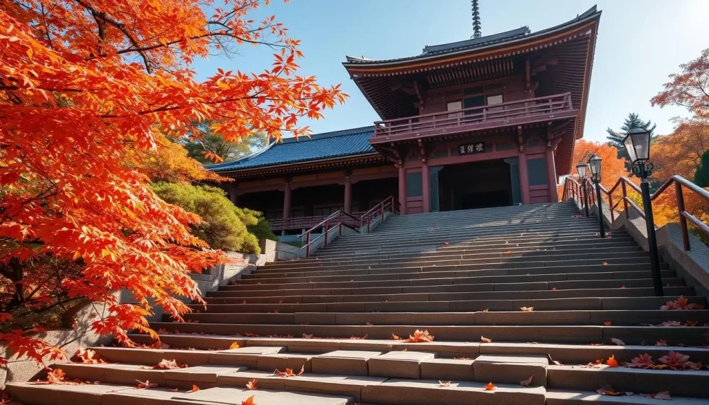 Generate an image of Yamadera Temple's stone steps covered in autumn foliage.