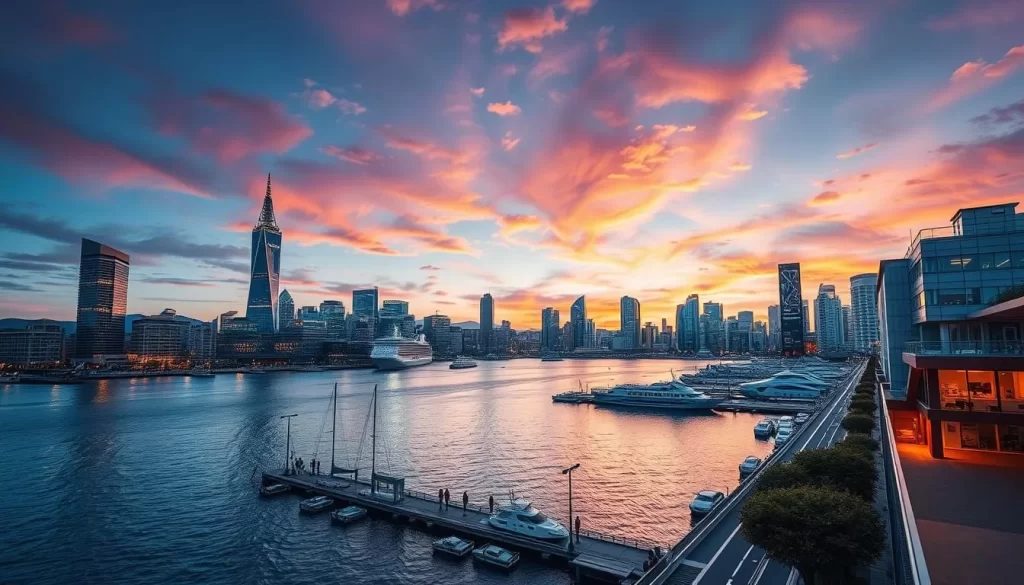 Generate an image of Yokohama's Minato Mirai waterfront area at sunset.