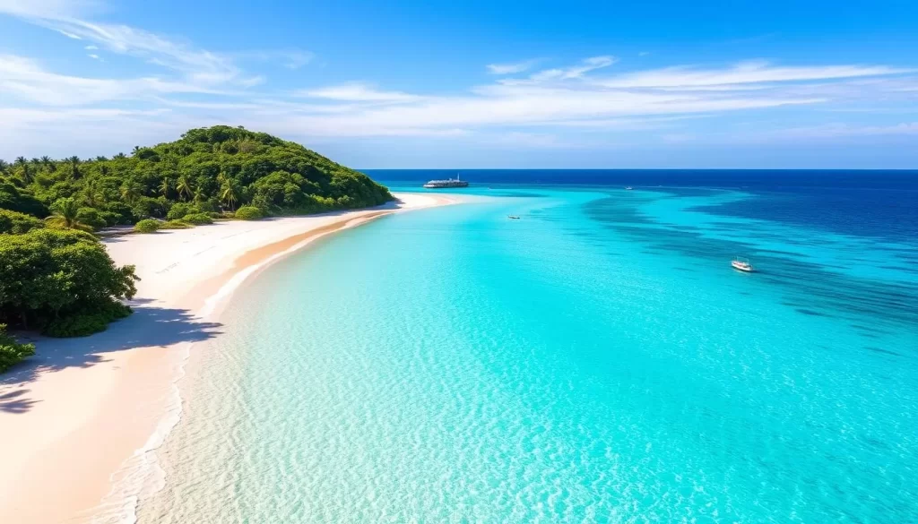 Generate an image of Yoron Island's pristine beach with crystal-clear waters and white sand.
