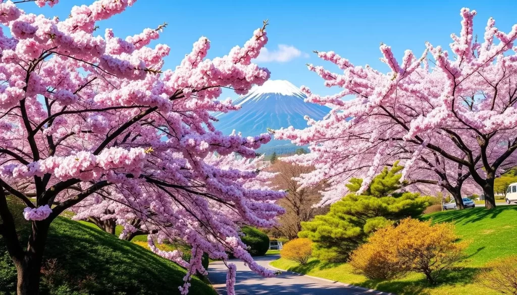 Generate an image of Yoshino Park during the cherry blossom season with Sakurajima in the background.