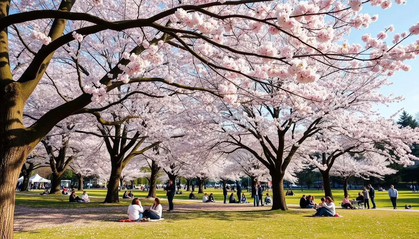 Generate an image of Yoyogi Park during cherry blossom season, with people picnicking under blooming sakura trees.