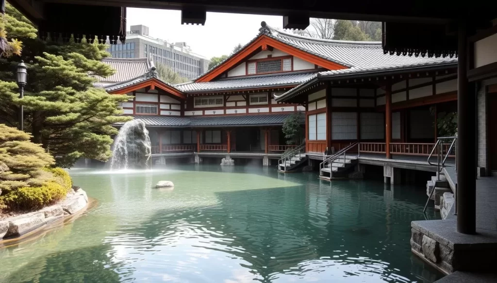 Generate an image of Yumura Onsenkyo's historic hot spring baths surrounded by traditional Japanese architecture.