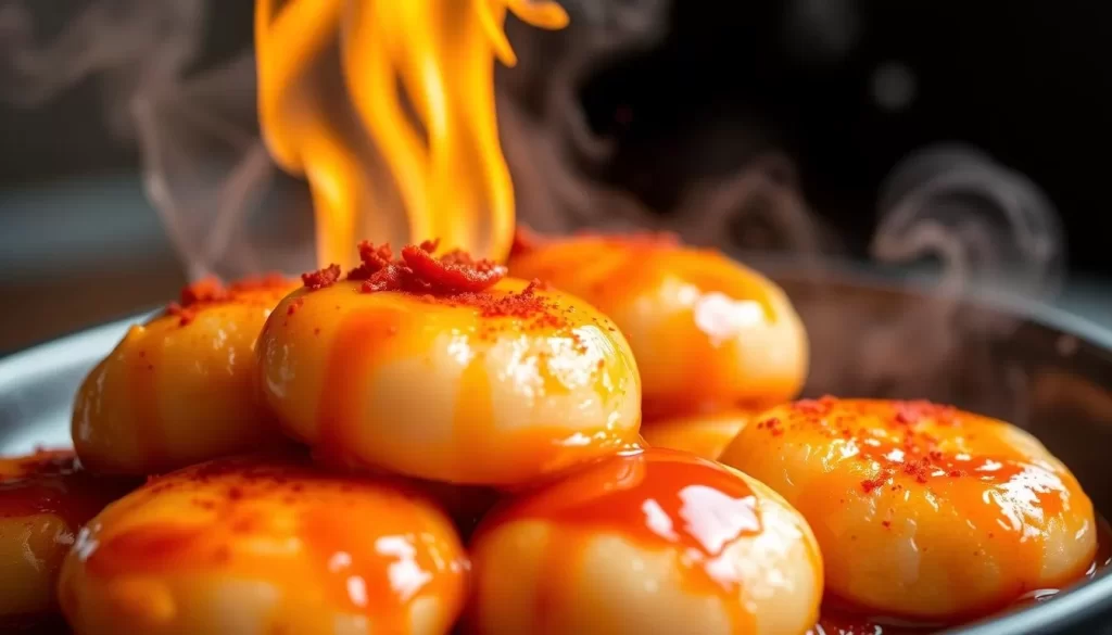 Generate an image of Yup Dduk LA's tteokbokki, featuring spicy rice cakes anointed with gochujang and red chili powder.
