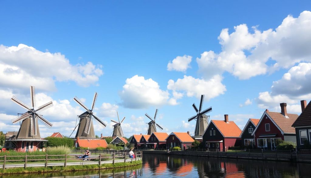 Generate an image of Zaanse Schans with its iconic windmills and traditional Dutch houses.