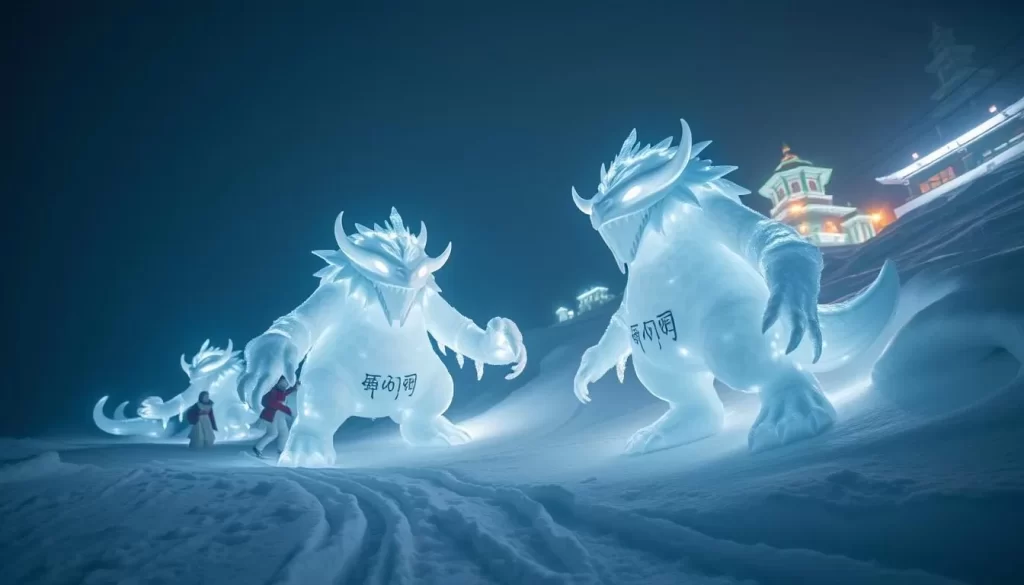 Generate an image of Zao Onsen's snow monsters, capturing their ethereal beauty amidst a snowy landscape.