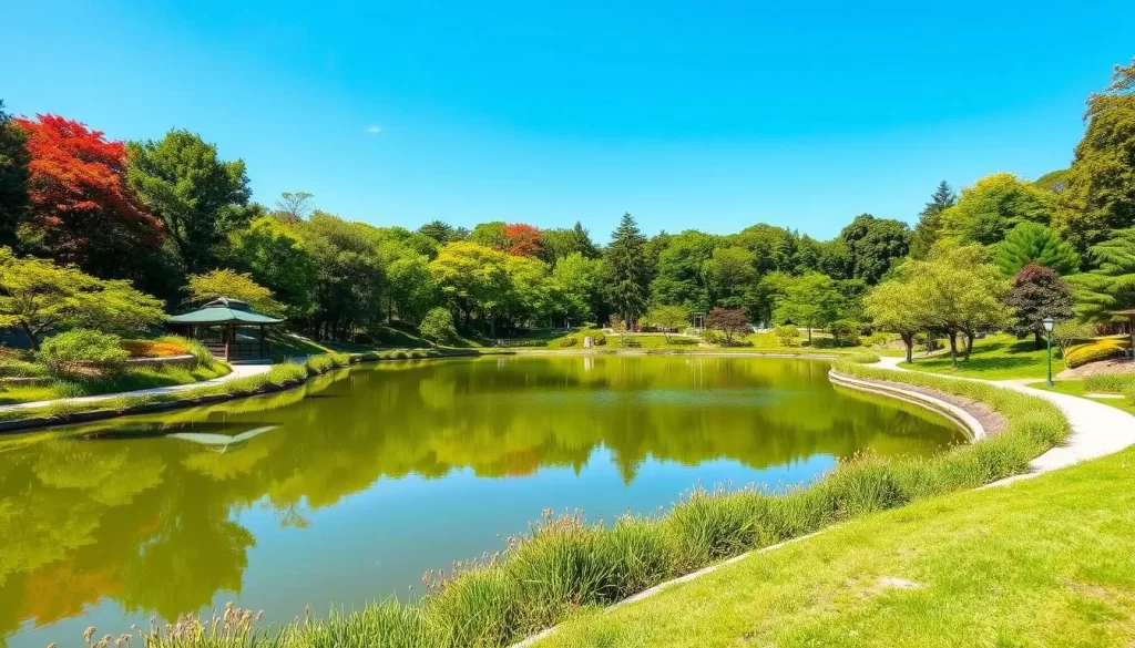Generate an image of Zempukuji Park's pond with walking paths and lush greenery.