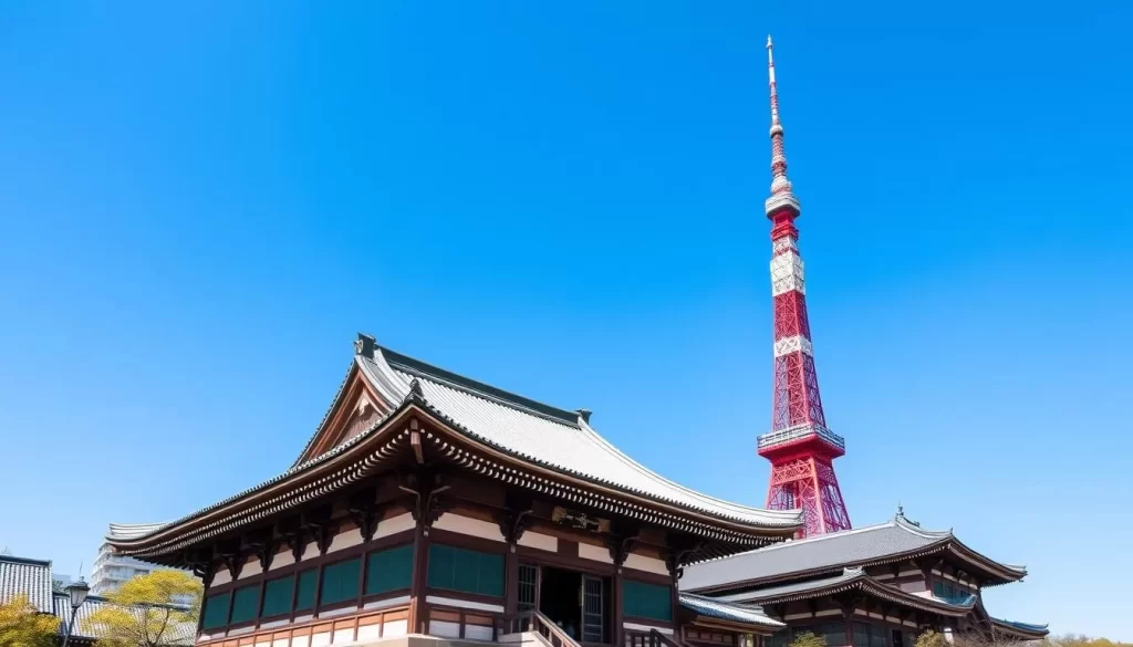 Generate an image of Zojoji Temple with Tokyo Tower in the background.
