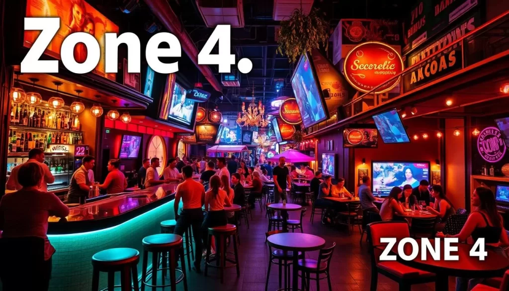 Generate an image of Zone 4's trendy nightlife, highlighting its bars, restaurants, and entertainment venues.